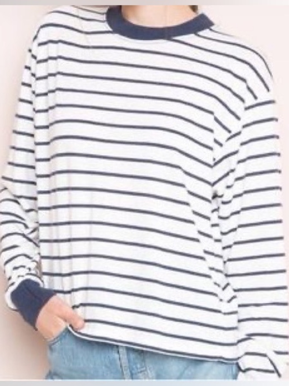 Something Navy Striped Crewneck Long-Sleeve Retro Ringer, Boxy Fit